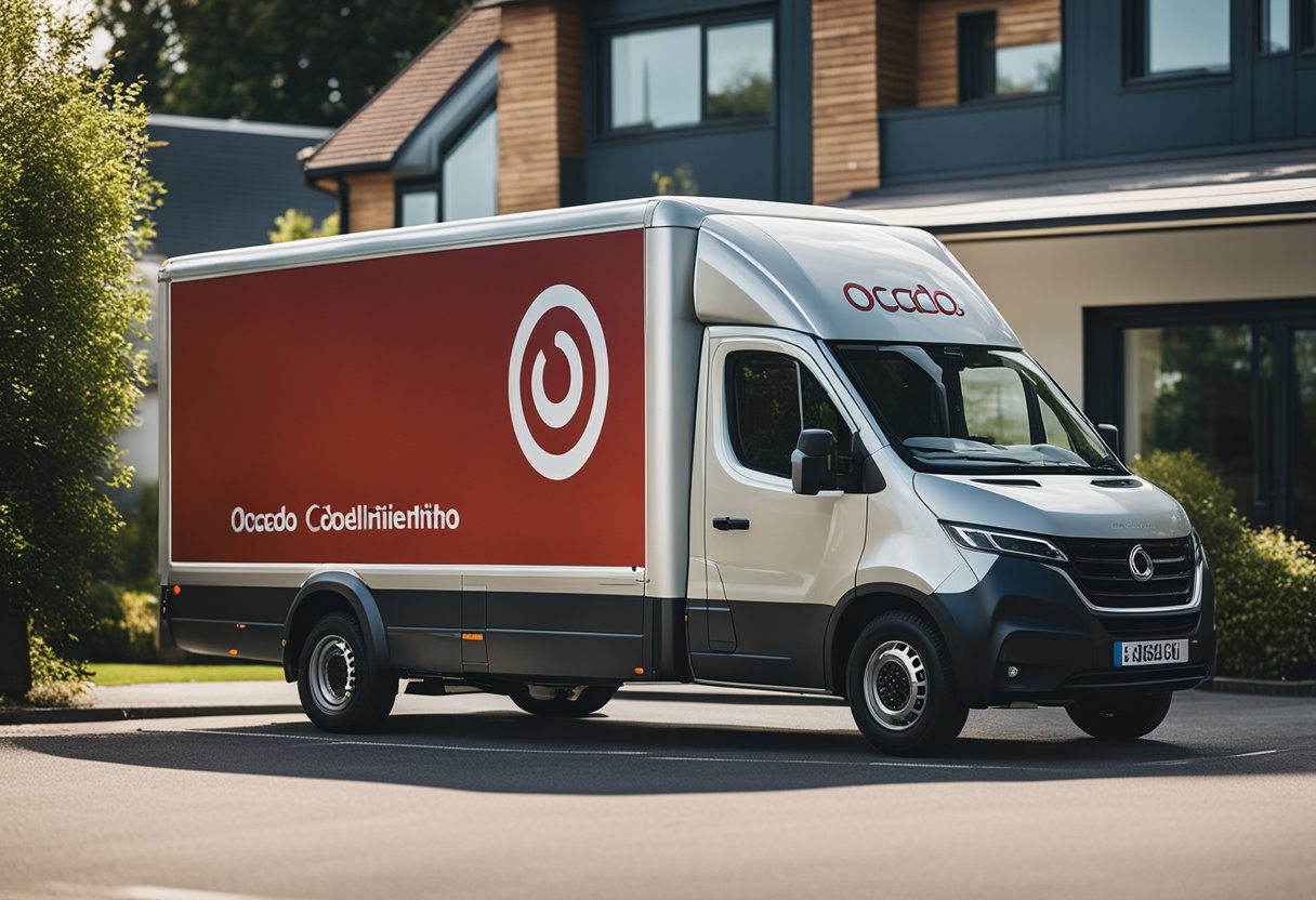 A delivery truck with the logo of Ocado parked outside a modern suburban home