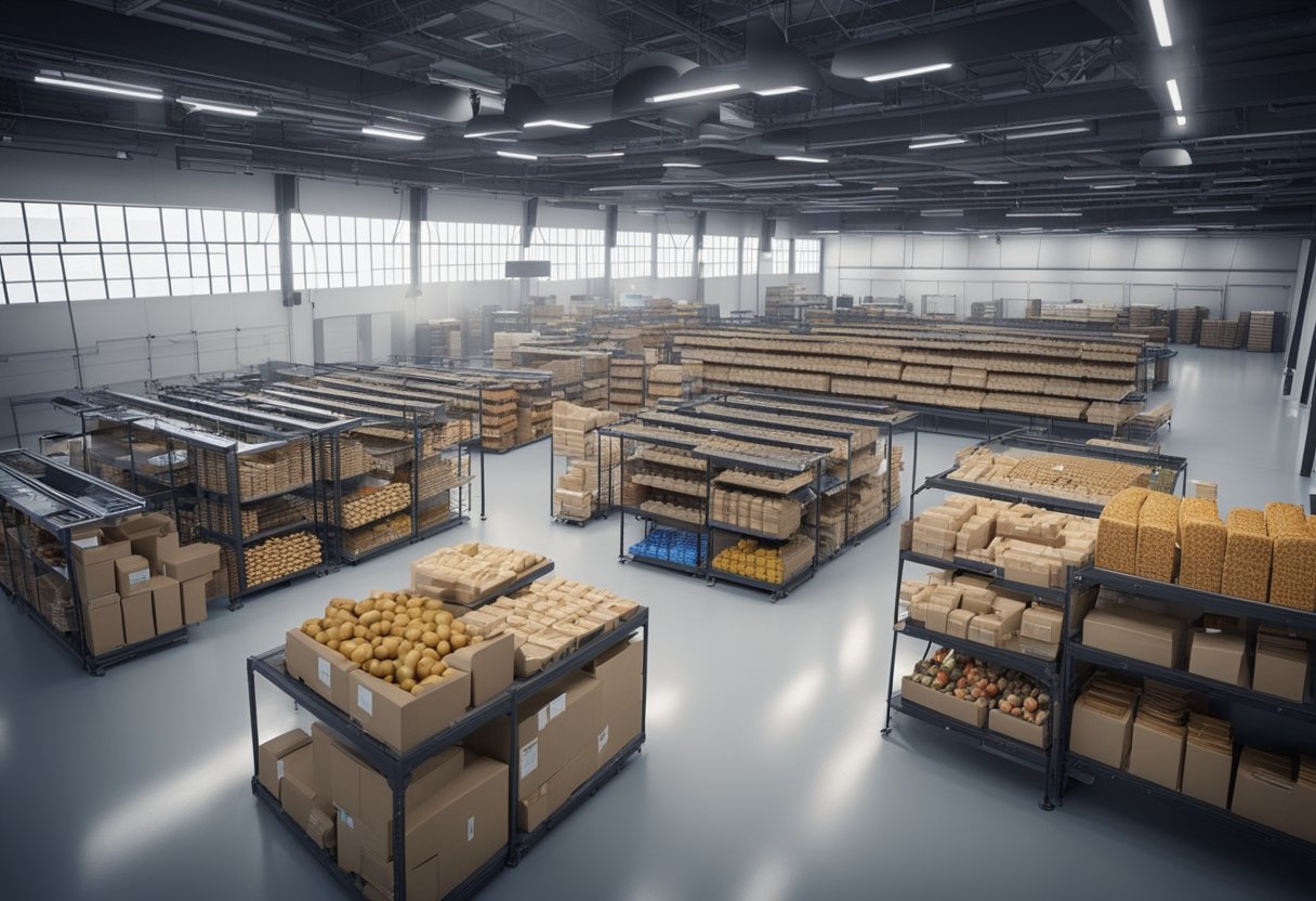 A futuristic warehouse with robotic arms sorting and packing groceries, while drones fly overhead