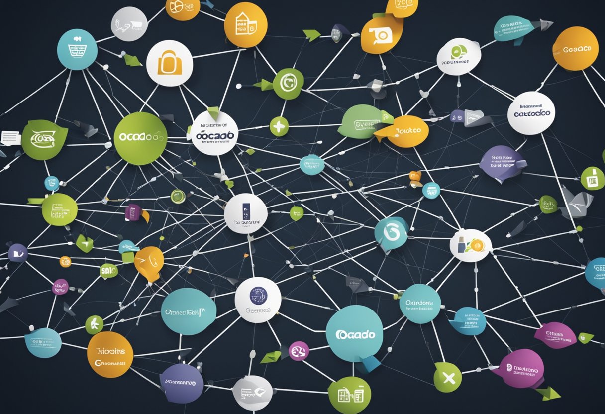 A web of interconnected arrows pointing to Ocado, with various companies and investors linked to the central entity
