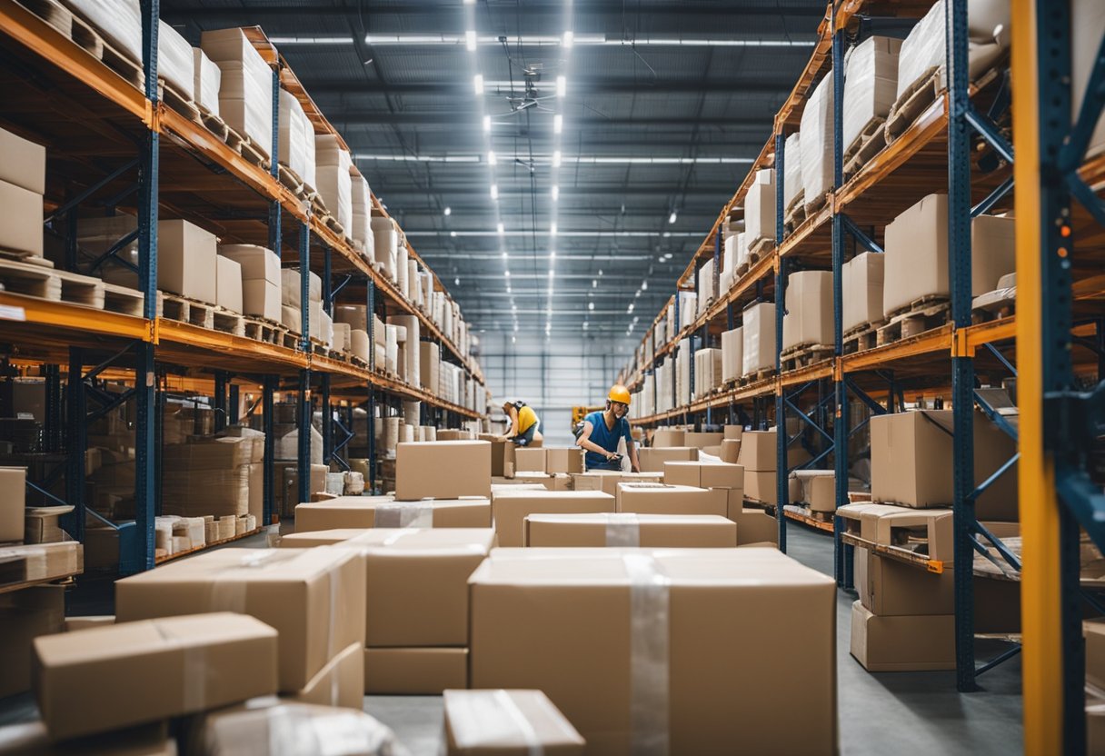 A bustling warehouse with robotic arms sorting and packaging products for delivery