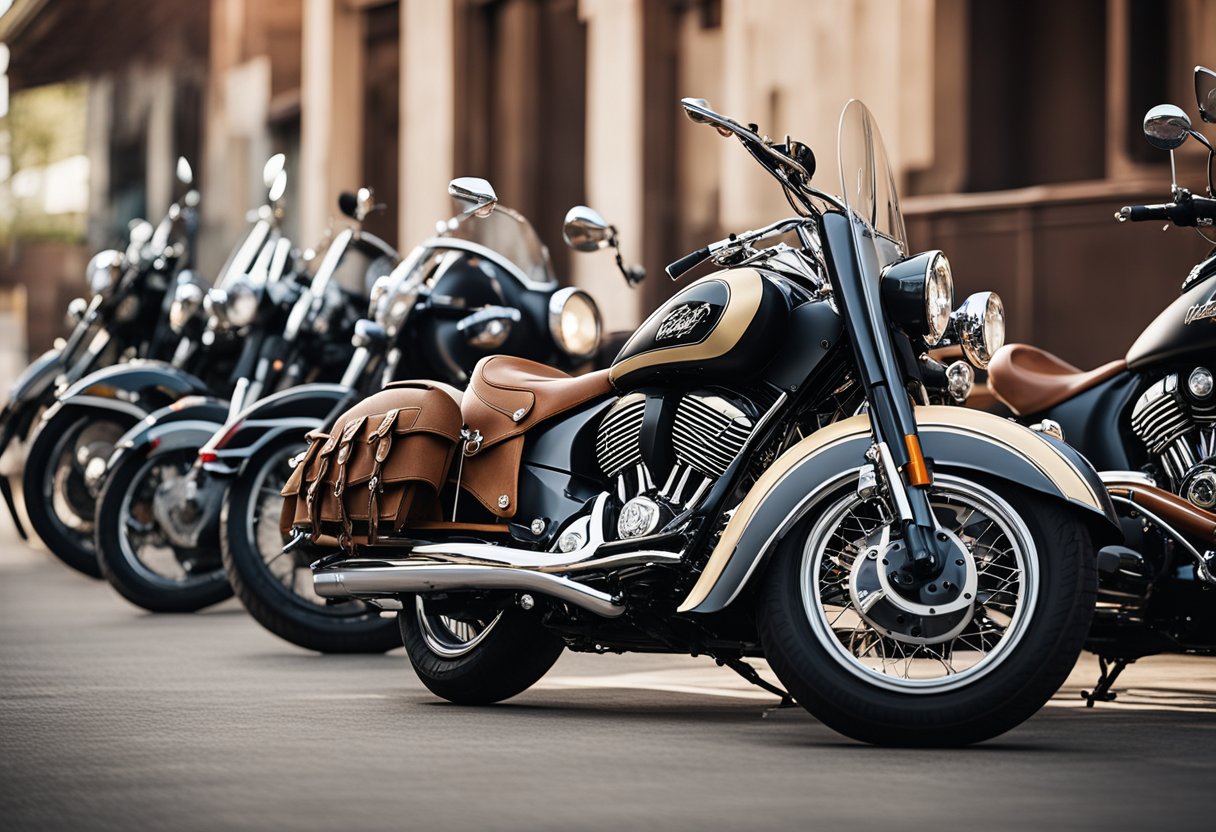 A group of Indian motorcycles parked in a row, showcasing their different models and features
