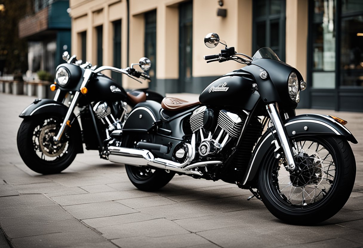 Two Indian motorcycles parked side by side, with their sleek designs and bold logos on display. A group of riders gather nearby, discussing the bikes