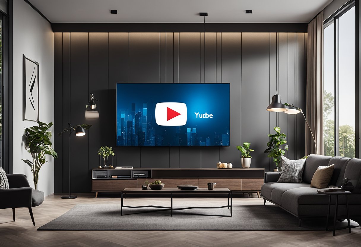A modern living room with a large flat-screen TV displaying the YouTube TV logo, surrounded by comfortable seating and a coffee table