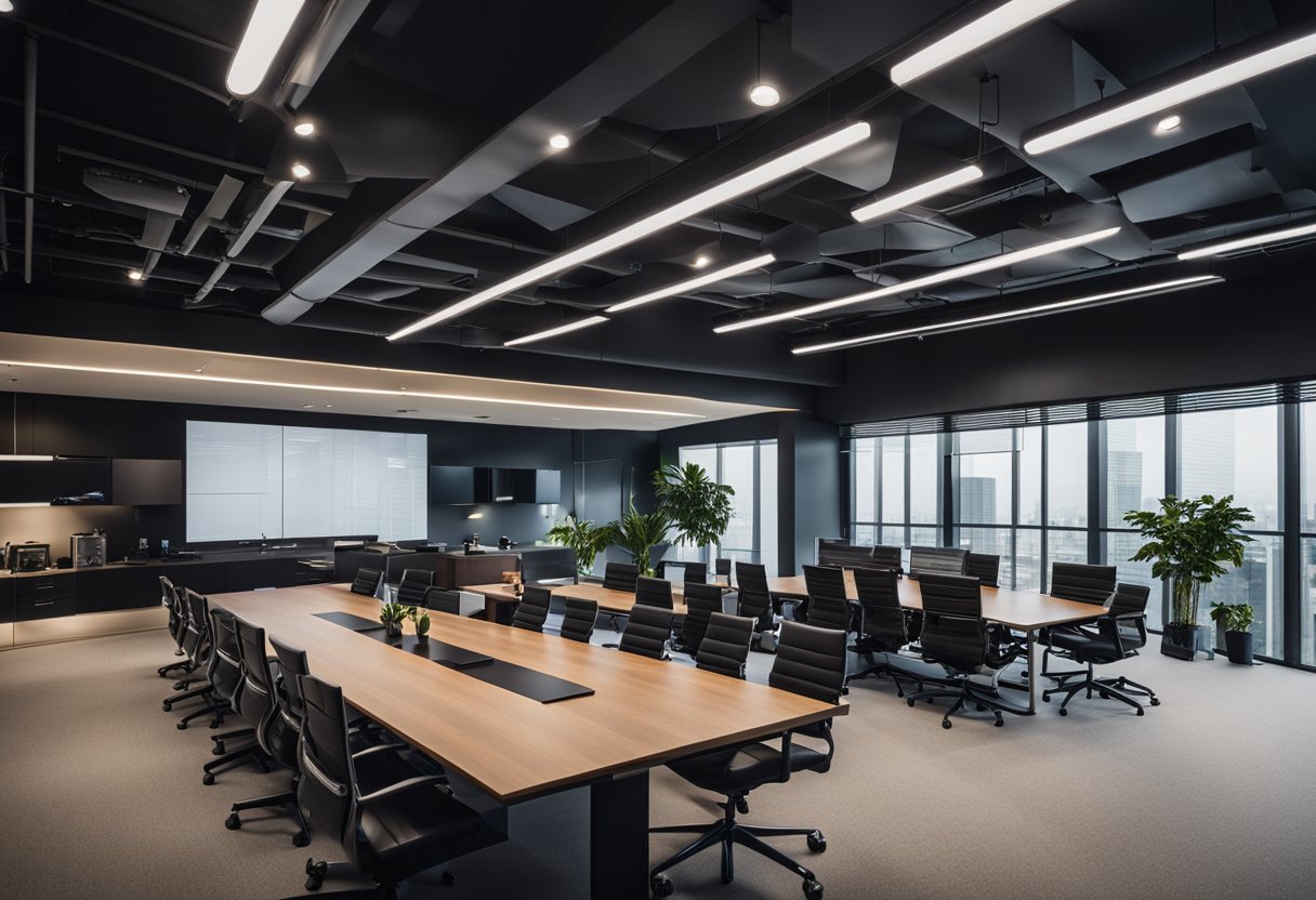 A sleek, modern office space with a large conference table. A group of professionals are gathered, discussing business strategies and ownership of YouTube TV