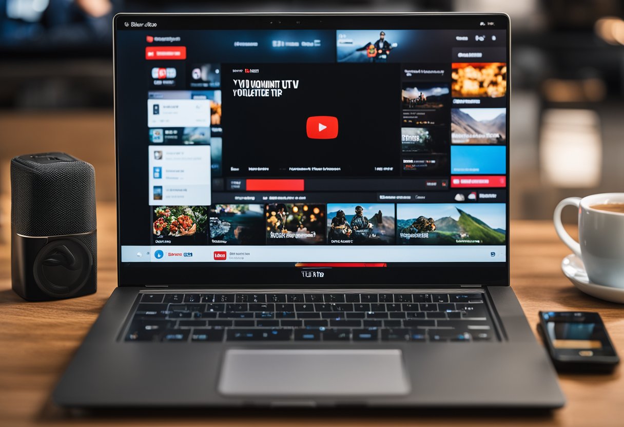A laptop displaying the YouTube TV logo with a remote control nearby