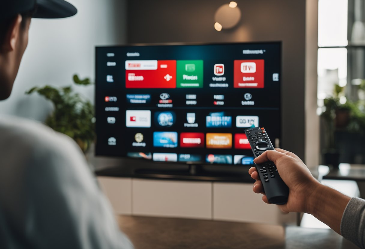 A person holding a remote, looking at a TV displaying the YouTube TV subscription and pricing options on the screen