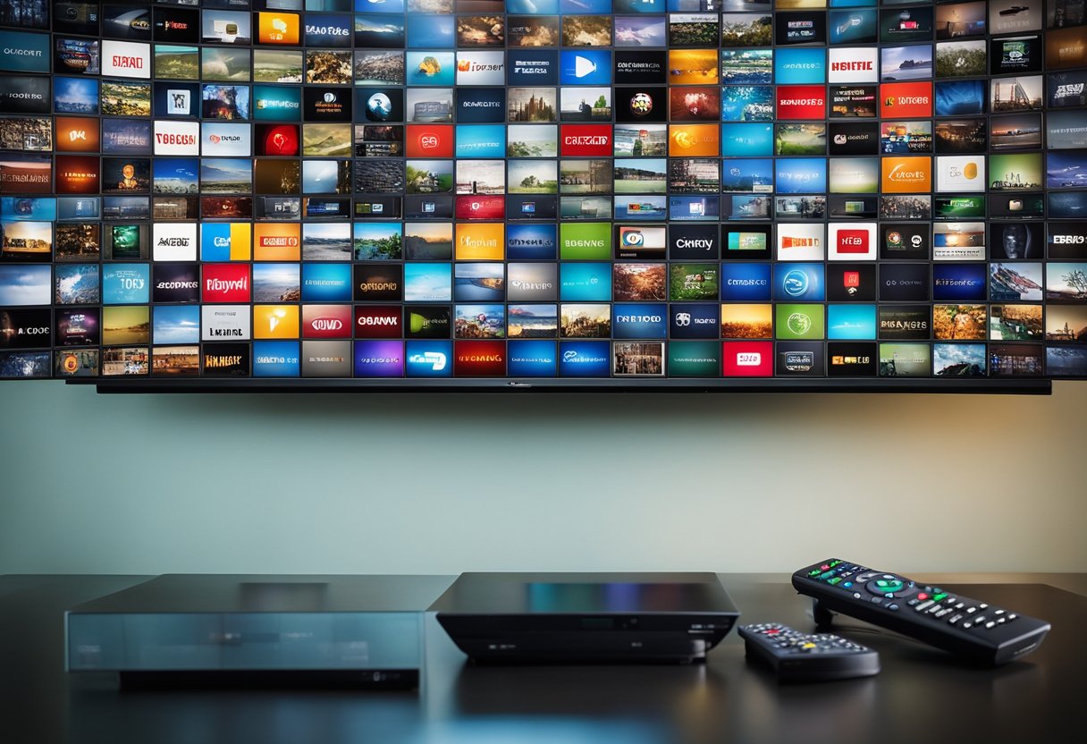 A television displaying various streaming channels, with a remote control nearby
