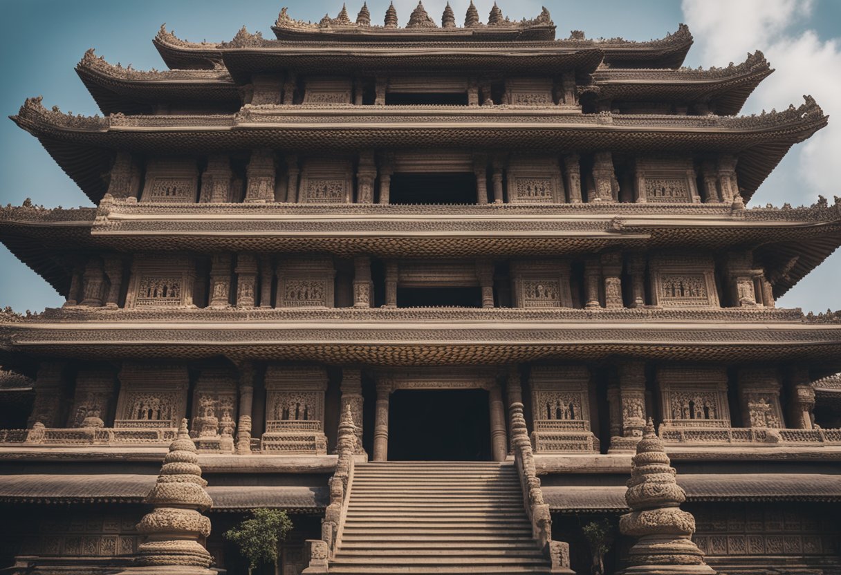 A grand and imposing temple-like structure, adorned with intricate carvings and towering pillars, exudes an aura of power and authority