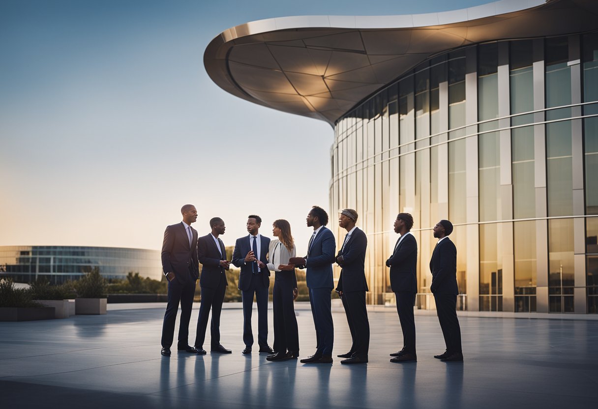 A group of business professionals discussing strategic initiatives and investments while standing in front of the Oracle headquarters