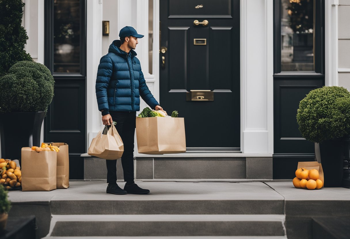 A delivery person dropping off groceries at a customer's doorstep
