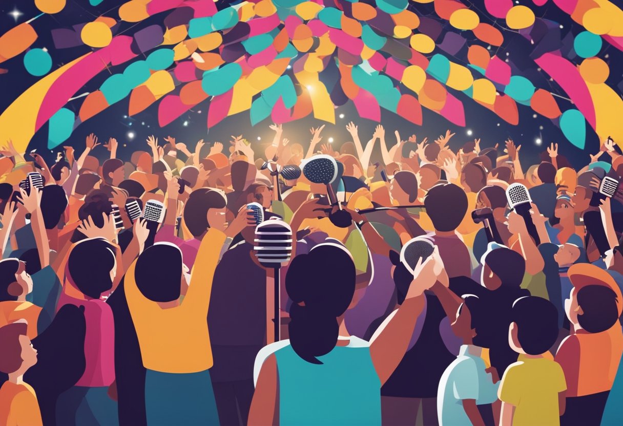 A colorful and lively stage with microphones and musical instruments, surrounded by a crowd of enthusiastic children dancing and singing along