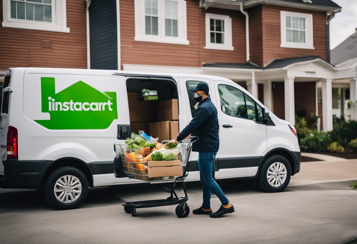 A delivery person dropping off groceries at a customer's doorstep for Instacart