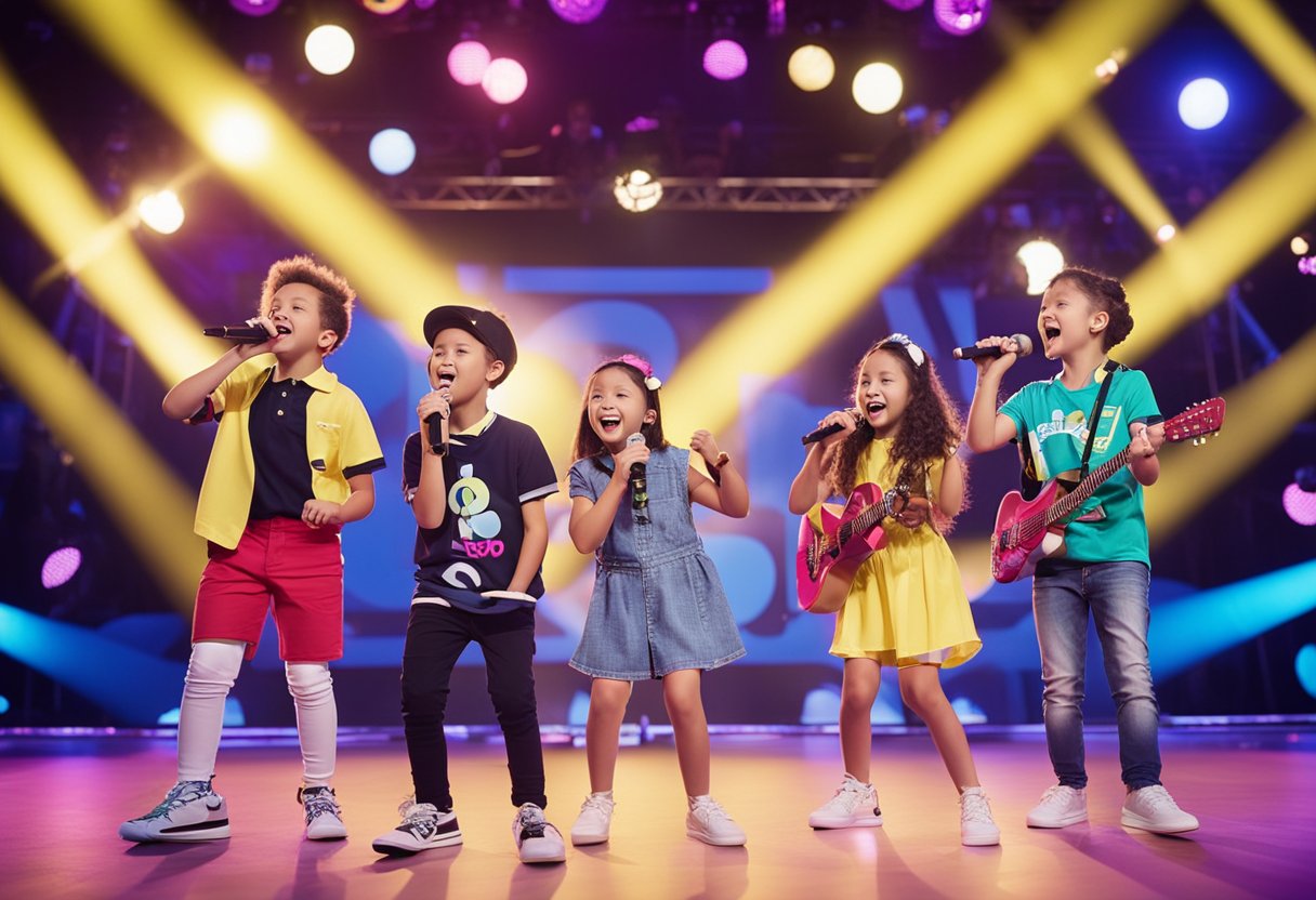 A group of children performing on a brightly lit stage with microphones and musical instruments, while a logo for Kidz Bop is displayed prominently in the background