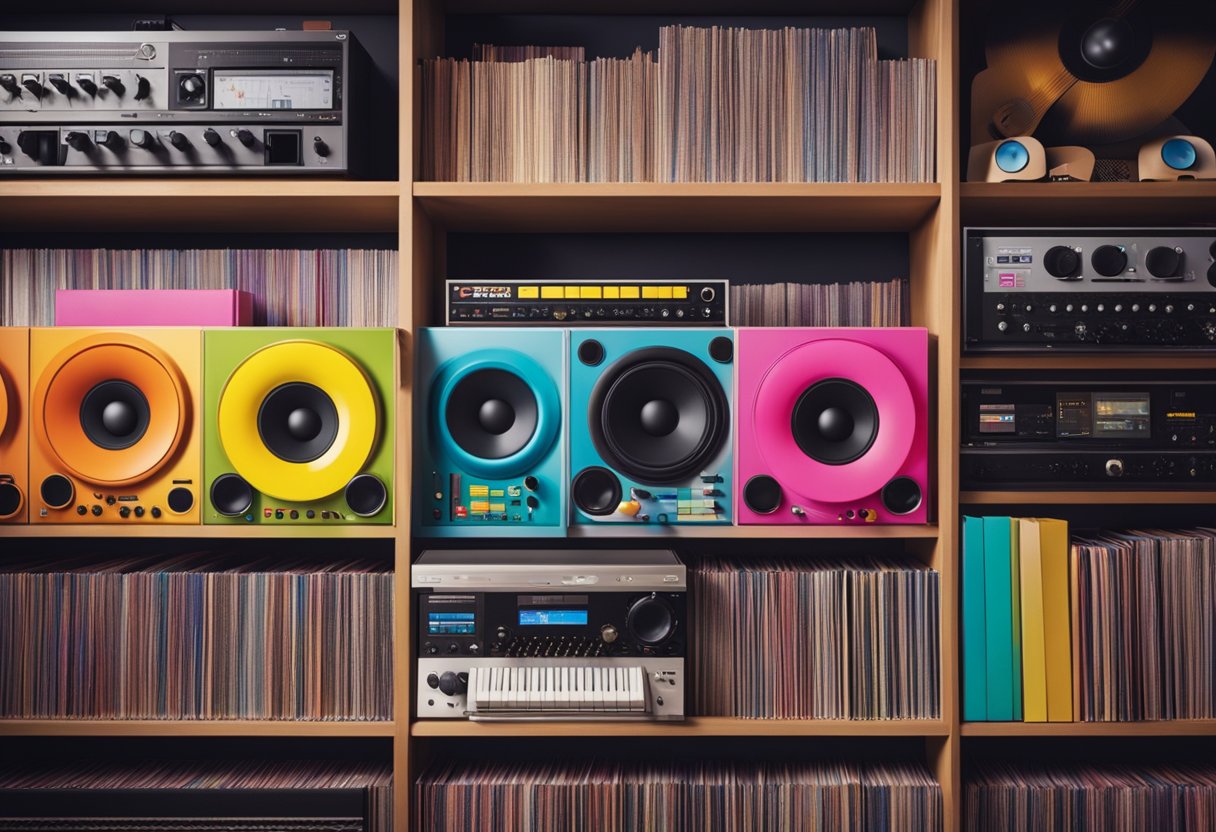A colorful music studio with Kidz Bop albums on shelves, musical instruments, and a logo displayed prominently