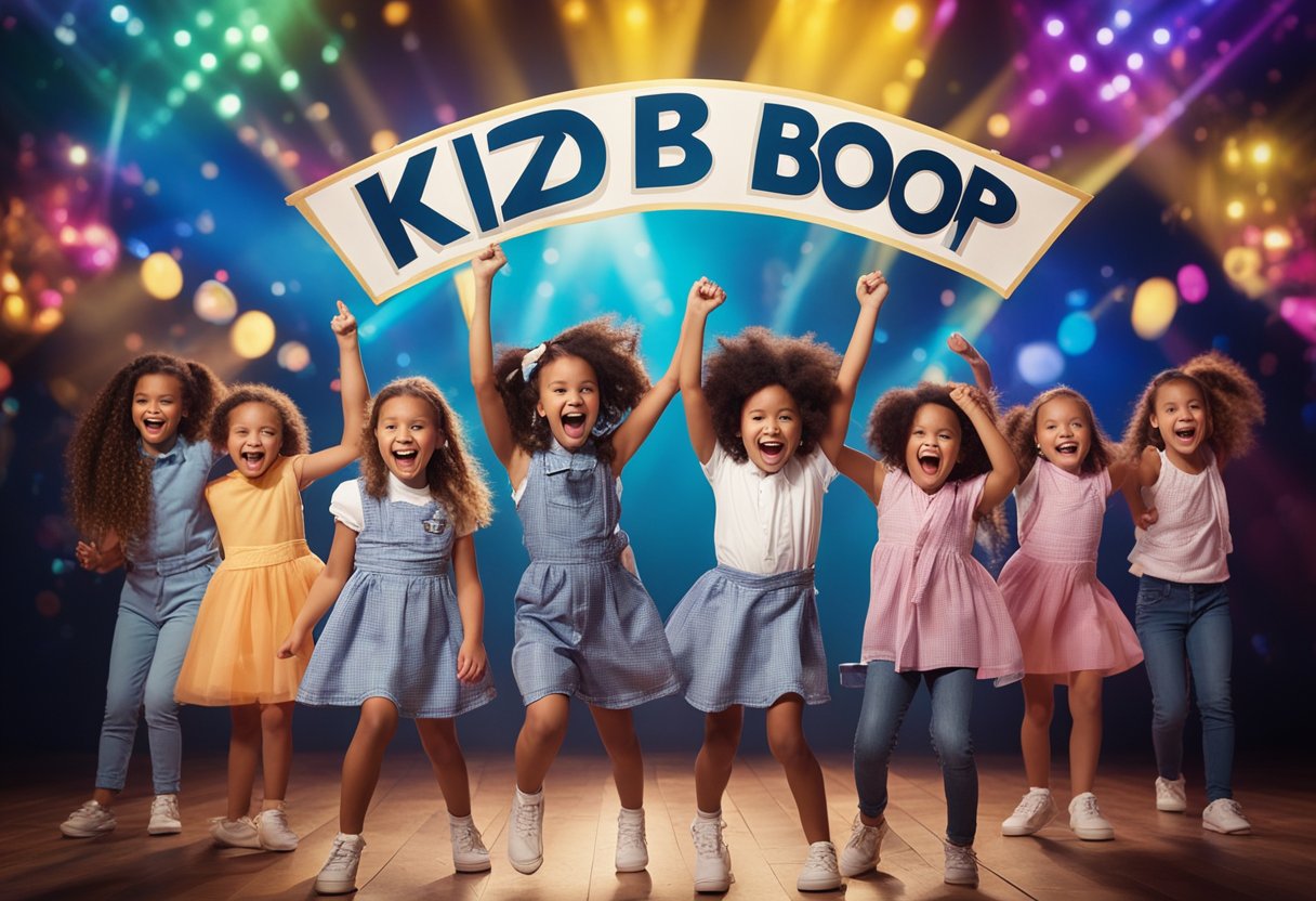 A group of children dancing and singing on a brightly colored stage, with a banner reading "Kidz Bop Elise" in the background