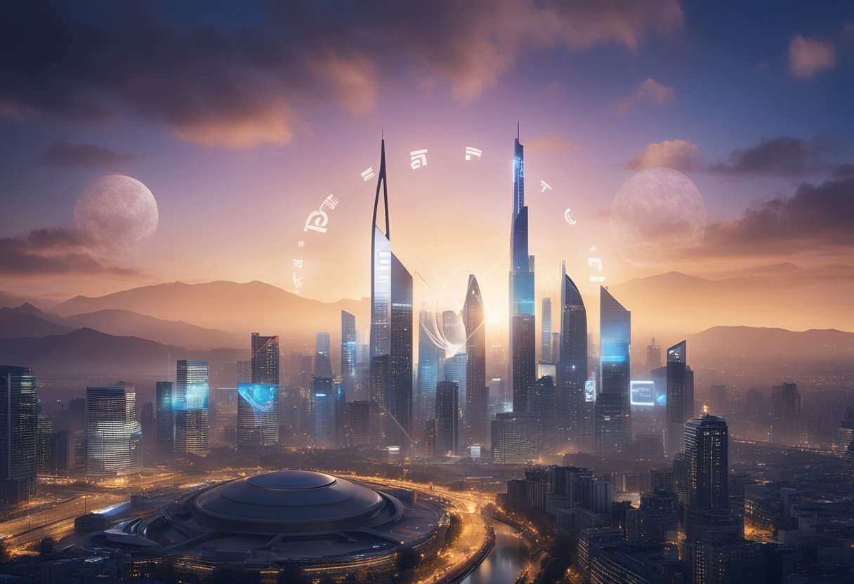 A futuristic city skyline with Oracle's logo projected in the sky