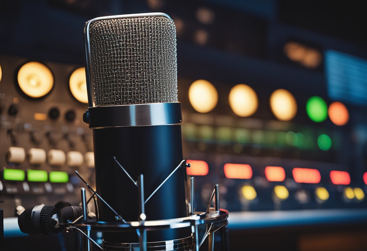 A colorful recording studio with musical instruments and production equipment