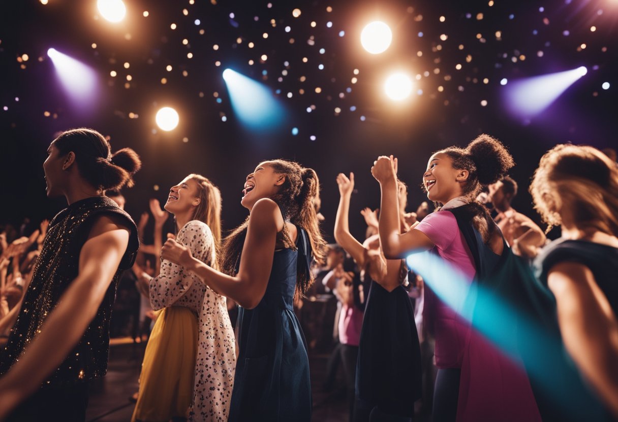 A colorful stage with spotlights shining on a group of young performers singing and dancing enthusiastically
