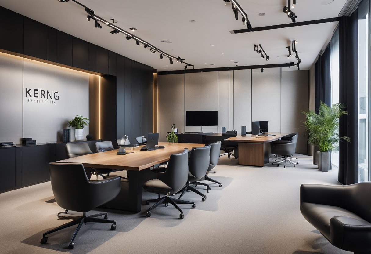 A sleek and modern office space with the Kering logo prominently displayed on the wall. The room is furnished with designer furniture and adorned with luxurious accessories