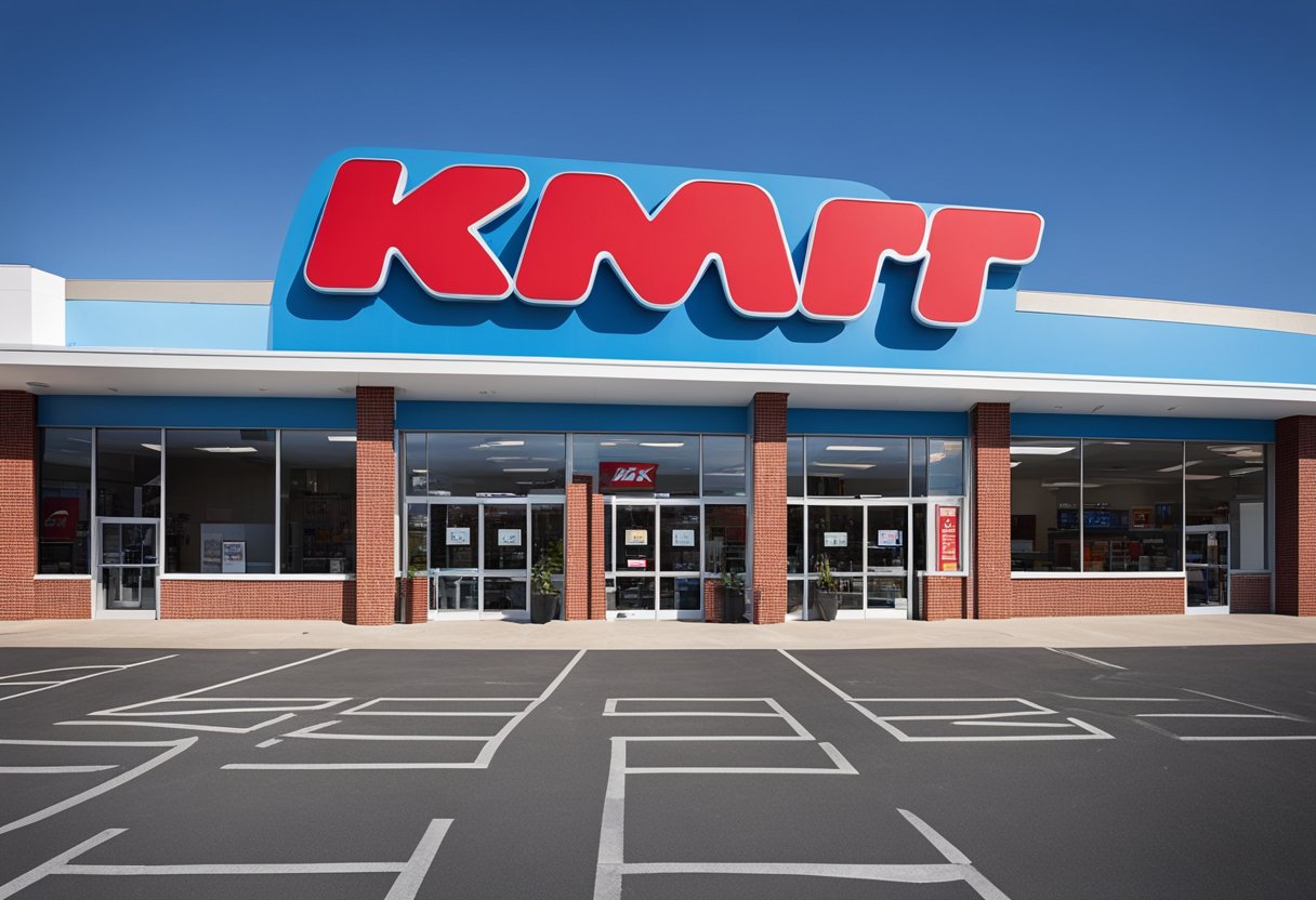 A red and blue Kmart storefront stands tall against a clear blue sky, with the company logo prominently displayed above the entrance