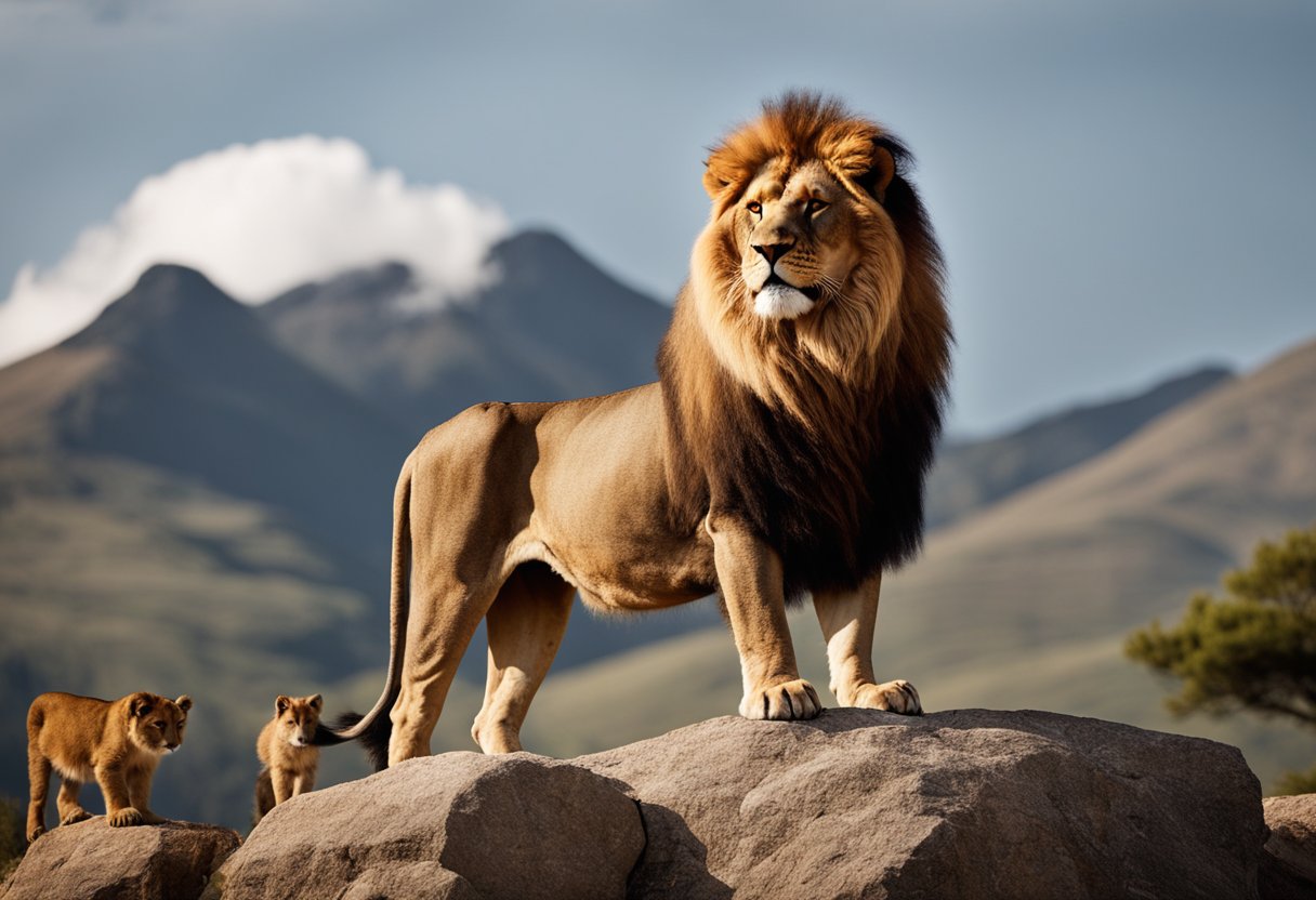 A regal lion stands proudly atop a mountain, surrounded by a circle of smaller animals looking up to it in admiration