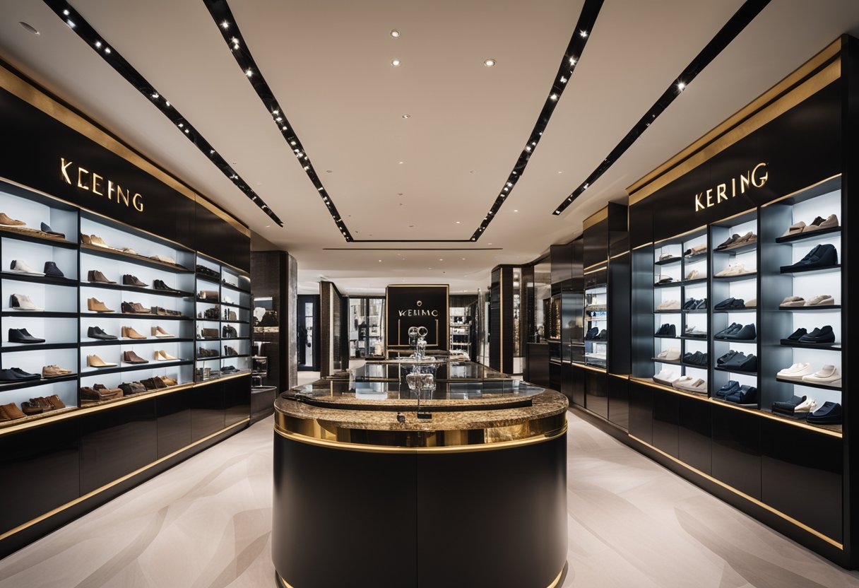 A luxurious fashion store with Kering's iconic logo prominently displayed on the storefront, surrounded by high-end products and elegant displays