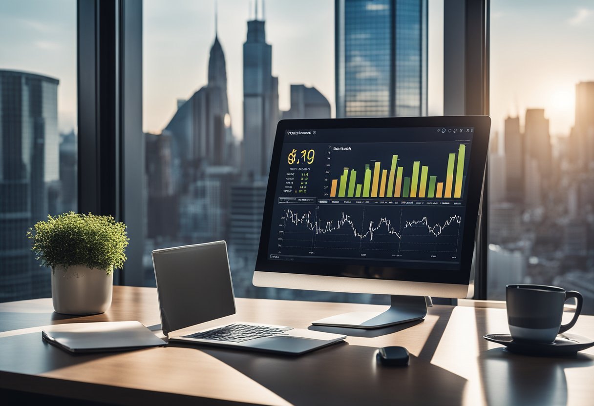 A sleek office desk with a laptop displaying financial charts and graphs, framed by a city skyline outside a floor-to-ceiling window