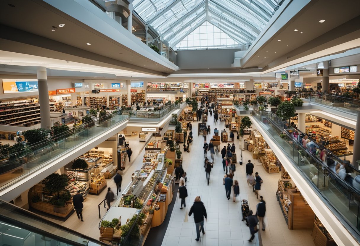 A bustling retail landscape with a prominent Kmart store, surrounded by other shops and busy shoppers