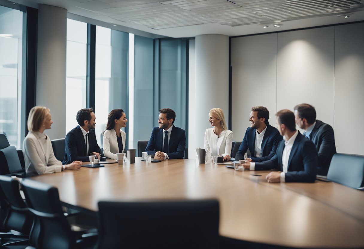 A corporate boardroom with executives from various companies, including Kering, discussing acquisitions and partnerships