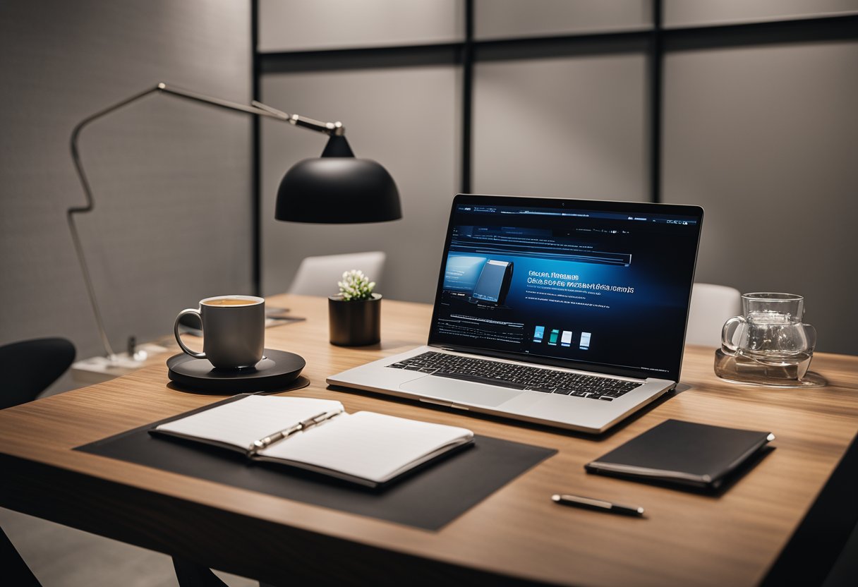 A sleek office desk with a laptop, pen, and notepad. A wall display shows Kering's global market strategy