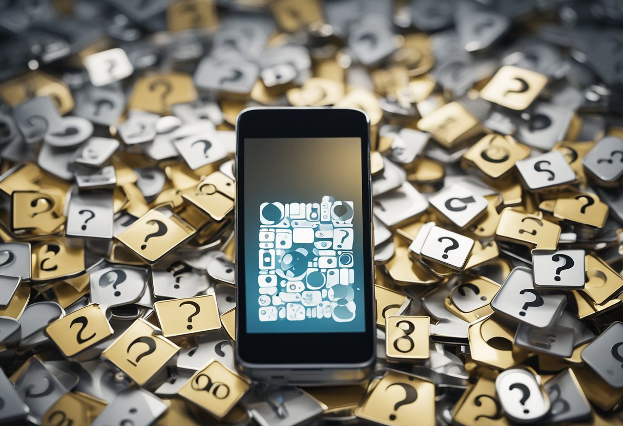A smartphone surrounded by question marks and a magnifying glass