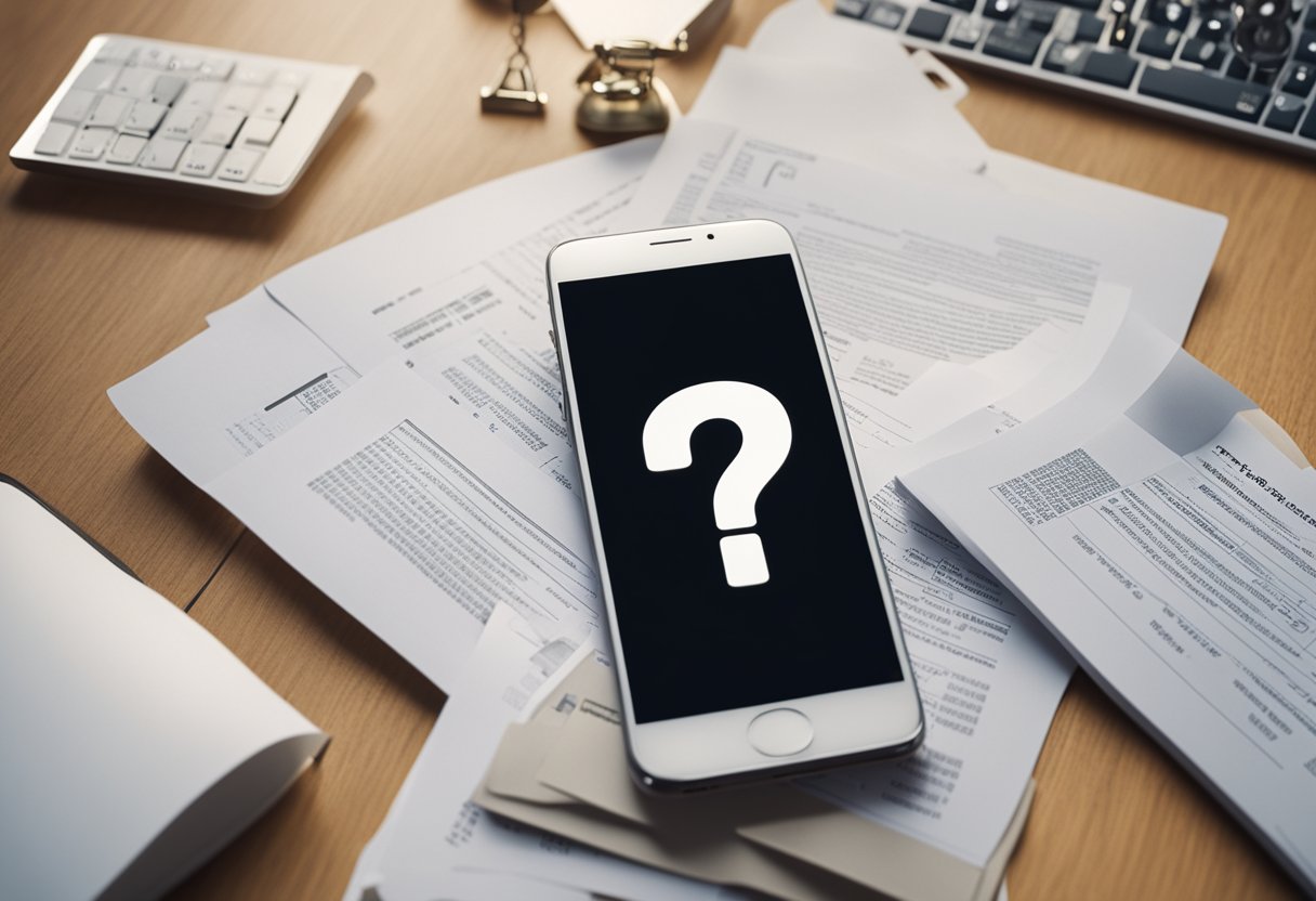 A phone with a question mark hovering above it, surrounded by legal documents and privacy symbols