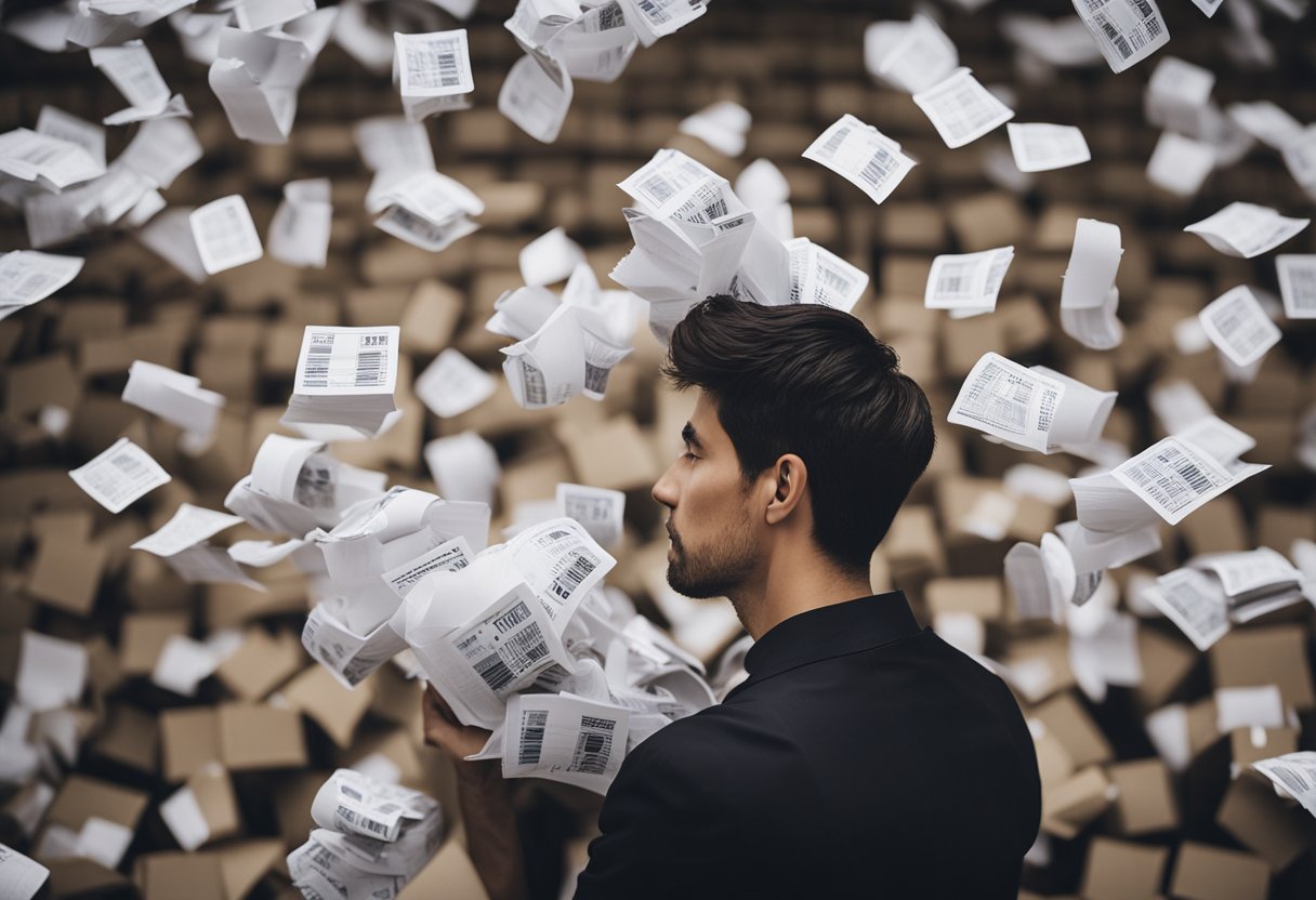 A person tossing a pile of paper with phone numbers into a trash can