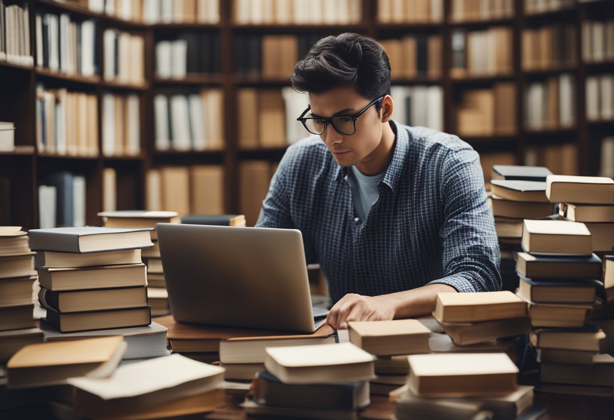 A person using a computer to search for information, surrounded by books and other resources