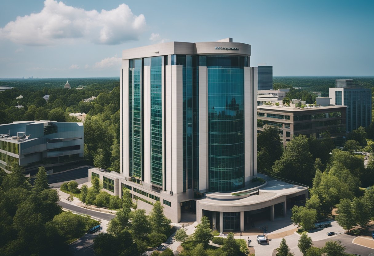 A bank building surrounded by new construction and vibrant greenery, showcasing recent acquisitions and growth