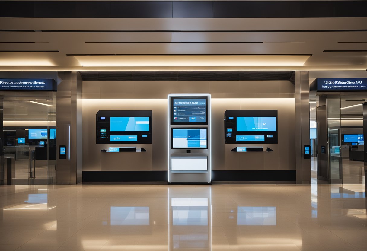 A modern, sleek bank building with a glowing digital display and interactive touchscreens