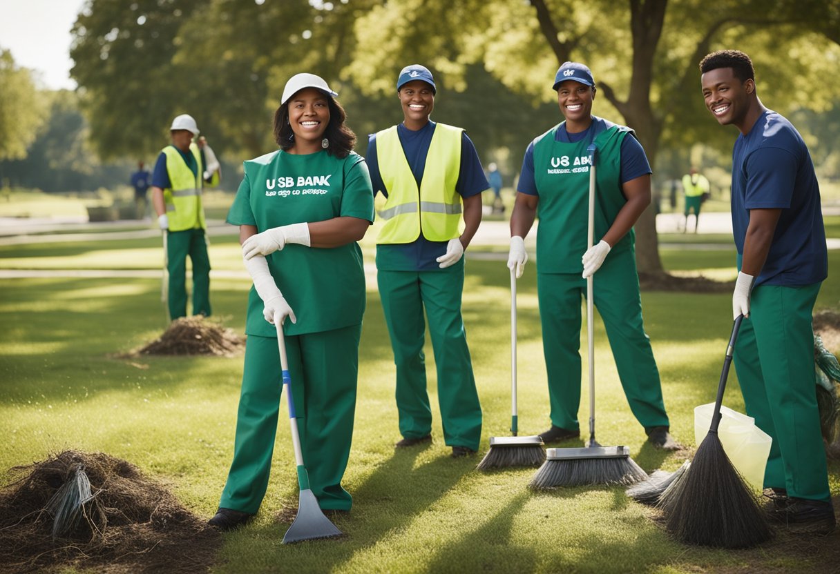A group of diverse individuals working together to clean up a local park, with the US Bank logo prominently displayed on their uniforms