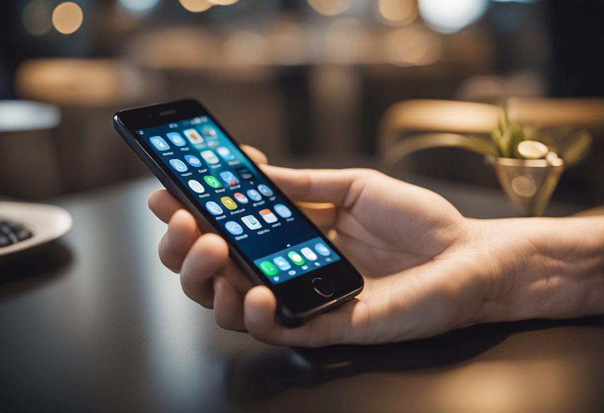 A phone resting on a table, with a hand reaching out to pick it up