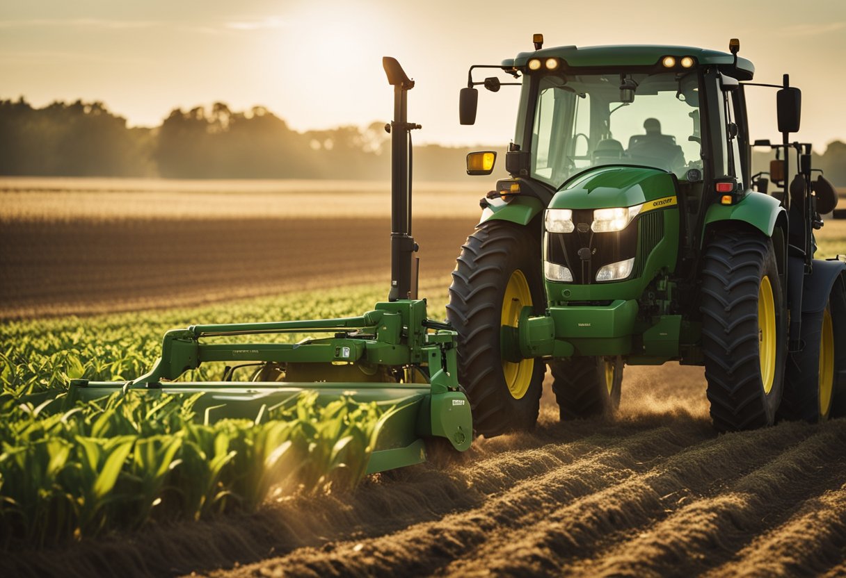 A farmer operates a John Deere tractor in a vast, sunlit field