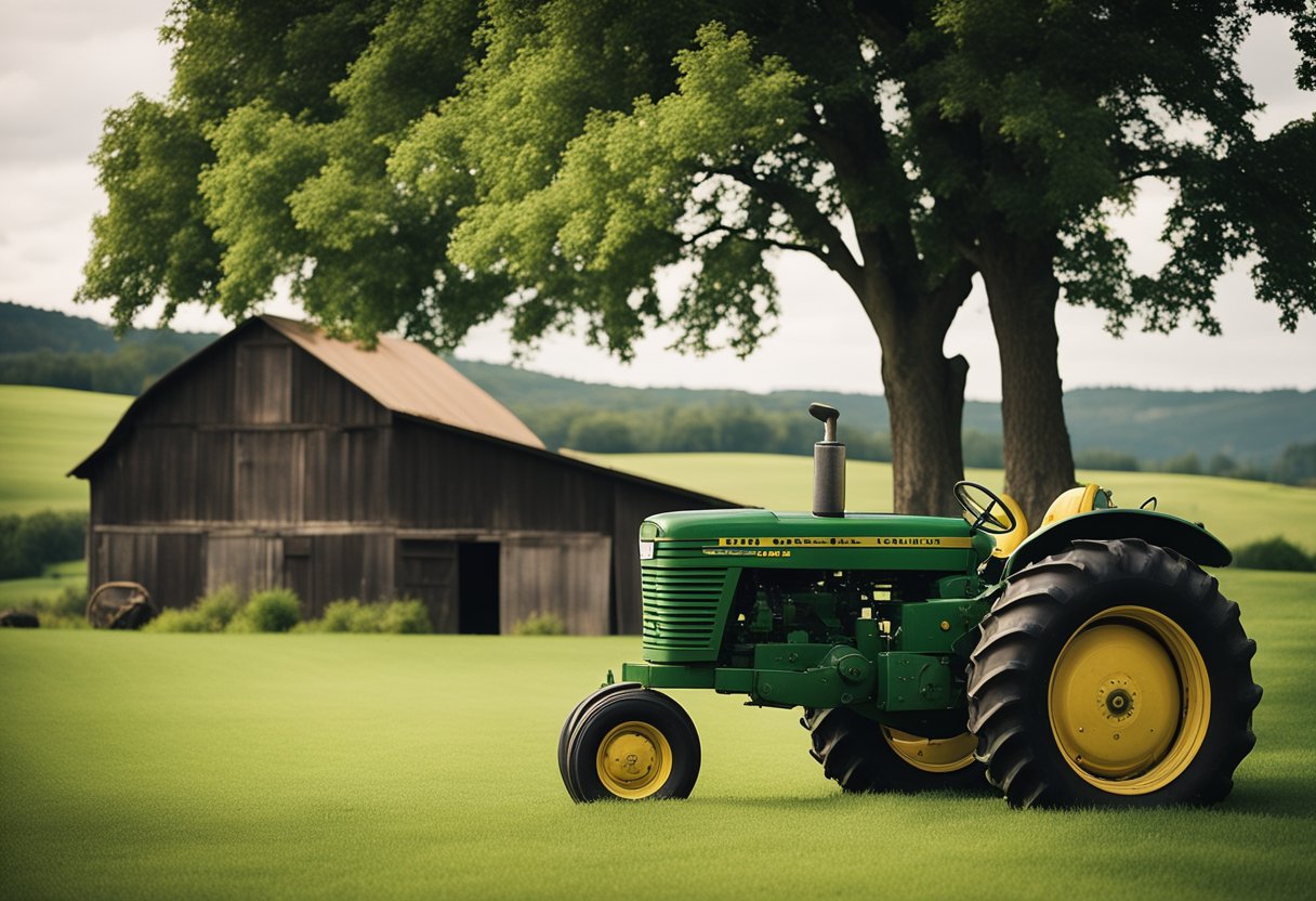 A rustic barn with a vintage John Deere tractor parked outside, surrounded by lush green fields and rolling hills