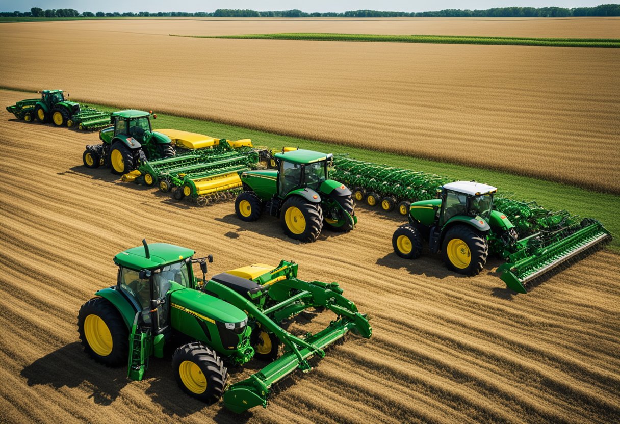 A sprawling field with various John Deere agricultural machines lined up, including tractors, combines, and seeders, showcasing the company's diverse product range