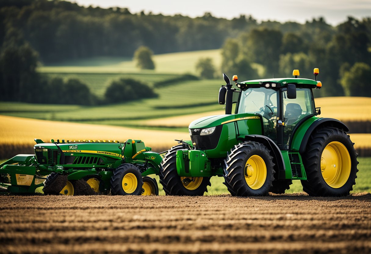 A modern tractor with the John Deere logo, surrounded by advanced farming equipment and tools