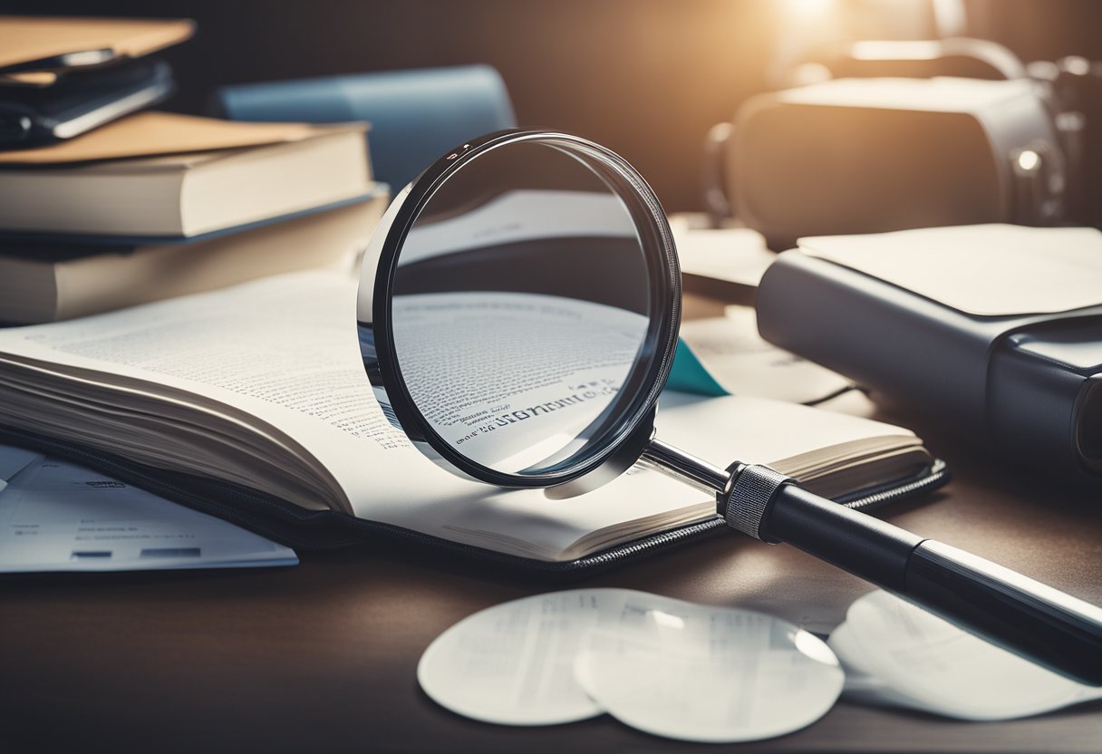 A magnifying glass hovers over a smartphone, surrounded by scattered papers and open directories