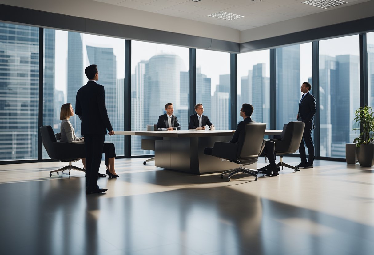A group of executives and managers discussing business strategies in a modern office setting with a large Intel logo displayed prominently on the wall