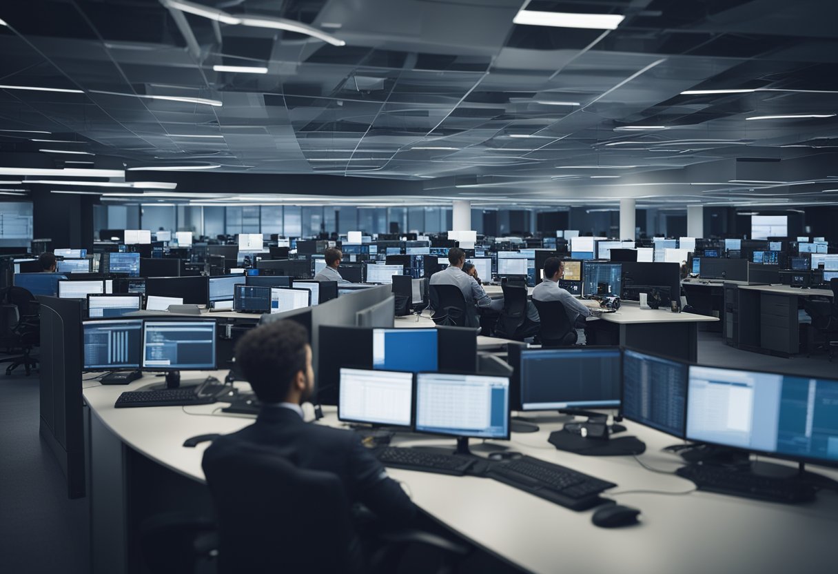 A bustling office with employees collaborating on projects, while others manage logistics and operations. Computer screens display data and charts, symbolizing Intel's business operations