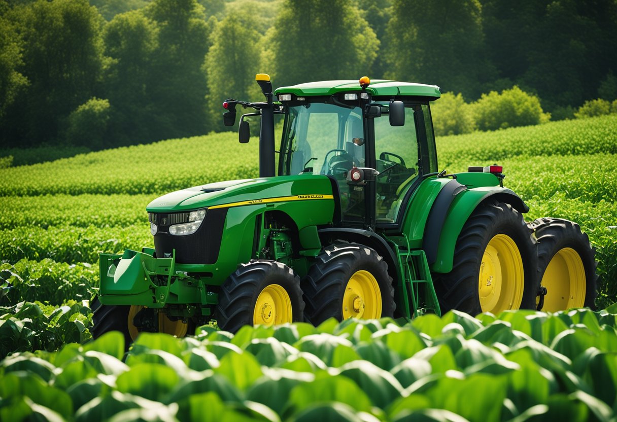 A well-maintained John Deere tractor sits in a lush, green field, surrounded by bountiful crops and clear blue skies