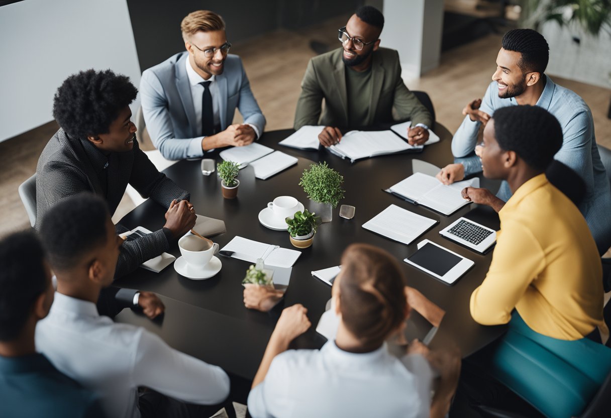 A group of diverse entities gathered around a table, engaged in discussion and exchanging ideas