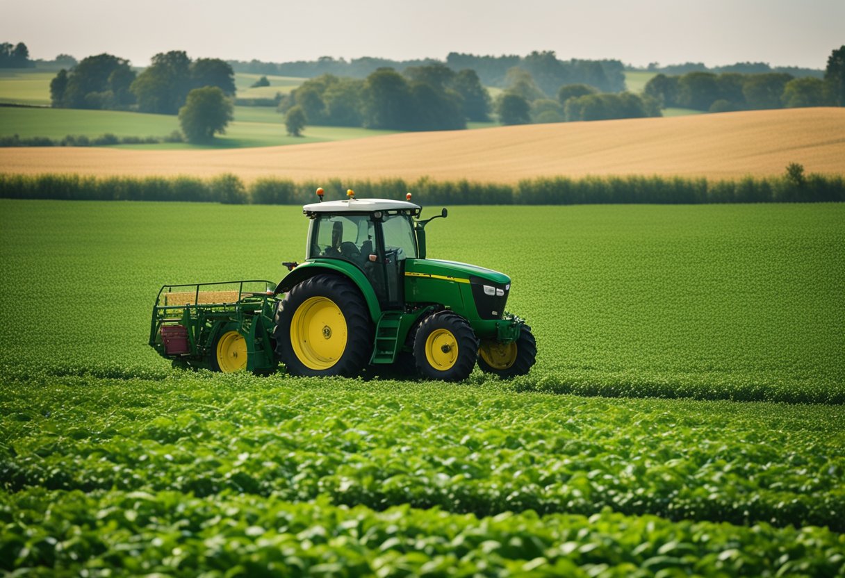 A sprawling field of vibrant green crops with a prominent John Deere tractor parked in the distance, surrounded by a bustling farmstead