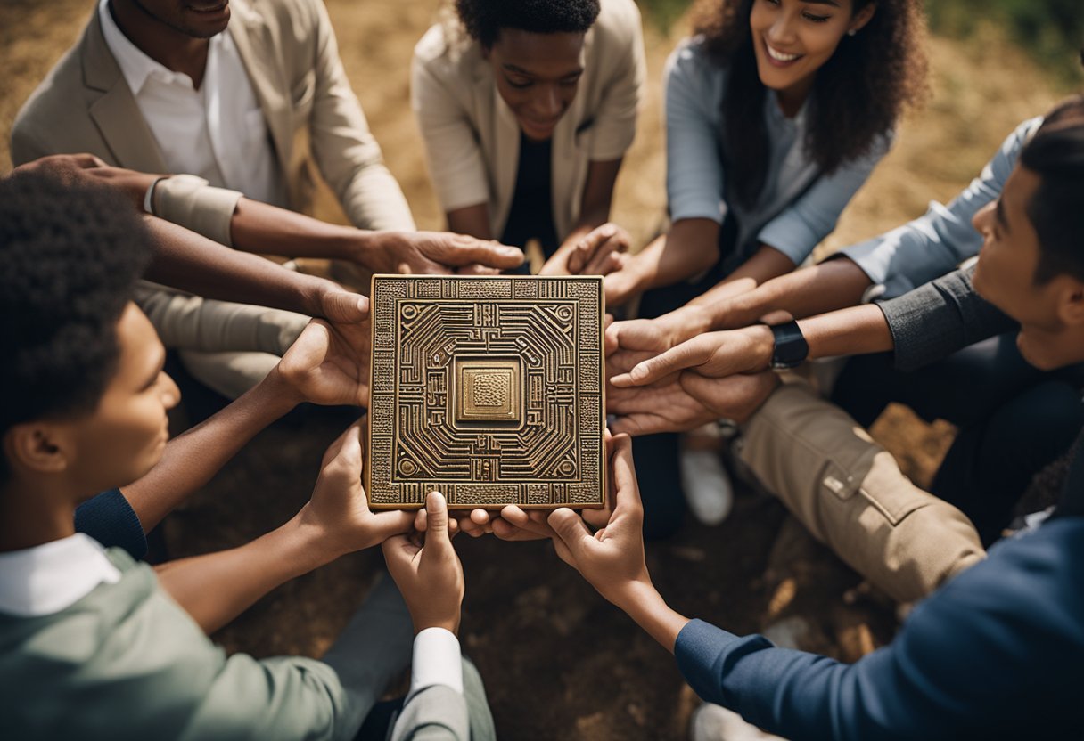 A diverse group of people from different cultures gather around an ancient artifact, symbolizing the legacy and cultural impact of Intel ownership