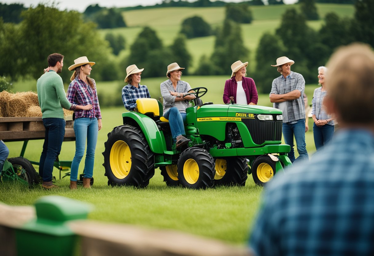 A rural community gathering around a John Deere tractor, surrounded by sustainable farming practices and renewable energy sources